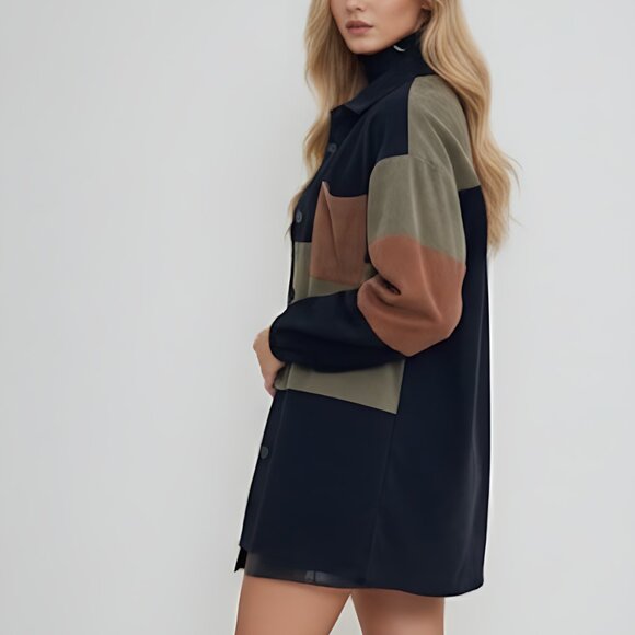 Color Block Drop Shoulder Corduroy Shacket - Picture 5 of 8